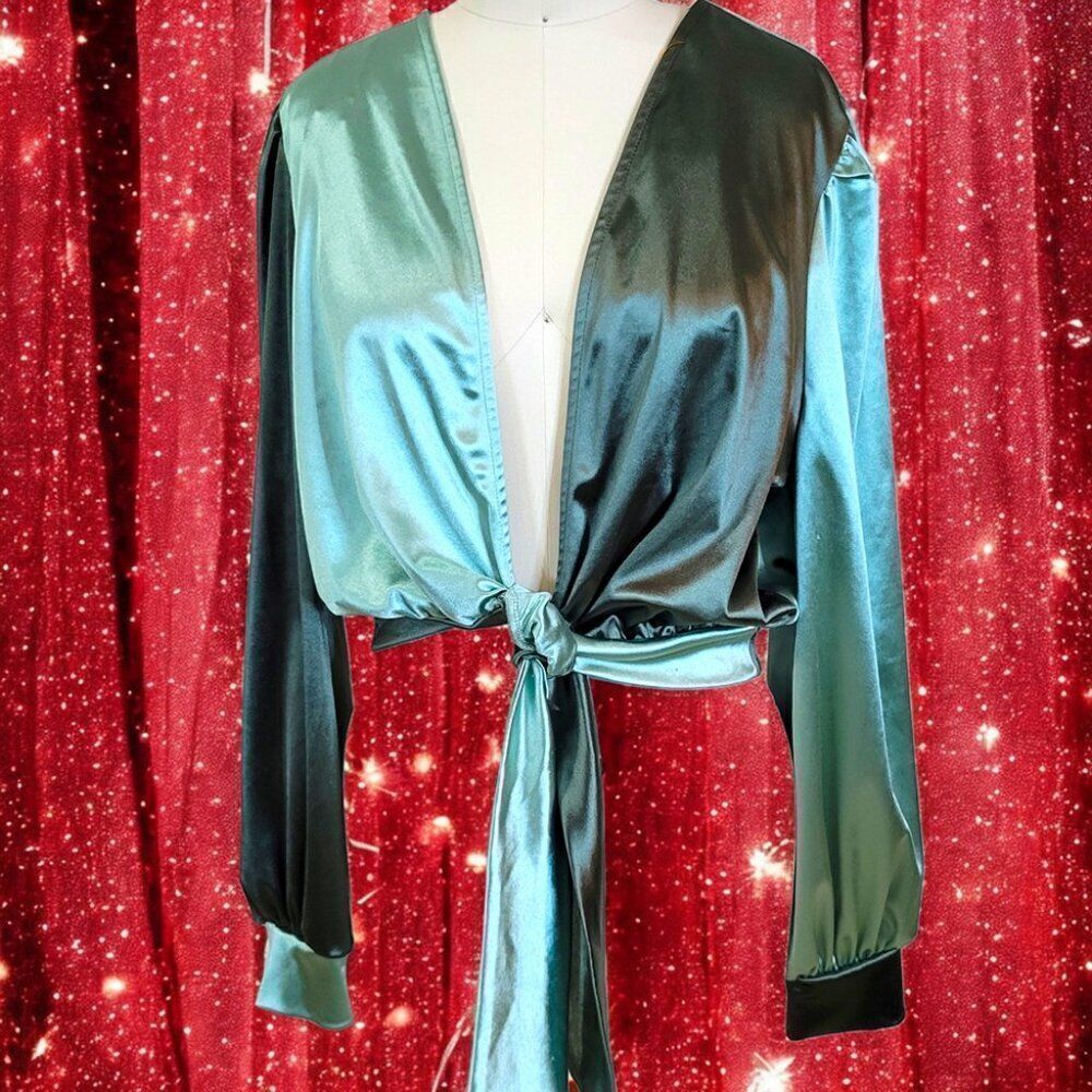 Green jeweled 2-tone long sleeves shiny panel shirt - Picture 1 of 12